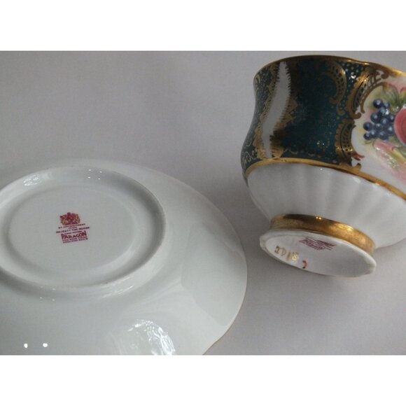 Paragon Orchard Fruit Tea Cup Saucer Pattern Turquoise Green Gold gilt teacup - Picture 8 of 14